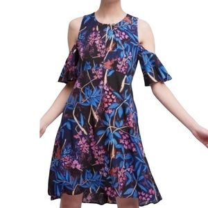 Anthropologie Maeve Elia Blue Floral Cold Shoulder Short Sleeve Midi Dress sz 0